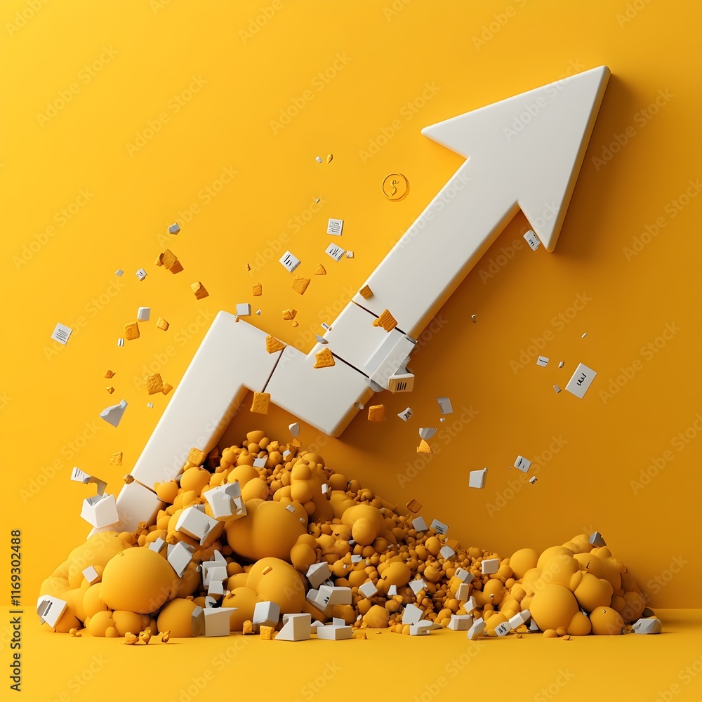 Poster sleek 3d digital of a plummeting arrow graph chart on a bright yellow backdrop depicting a declining