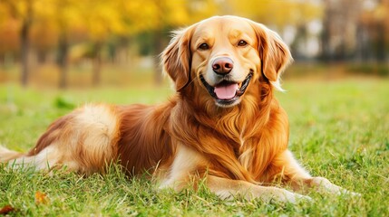Obraz premium Happy Golden Retriever Lying on Grass in Autumn Park Scene