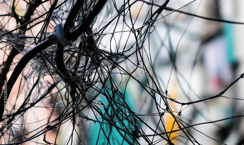 Poster intricate web of tangled wires and fibers creating abstract patterns against a blurred colorful back