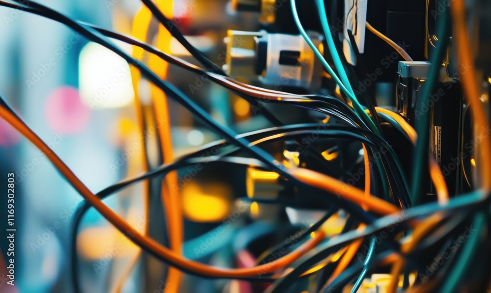 Poster colorful tangled wires and cables in electronic setup showcasing complexity of connections and techn