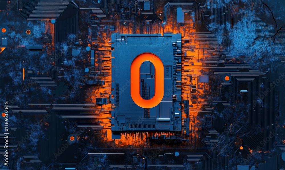 Poster futuristic microchip design featuring glowing orange '0' symbol, intricate circuit patterns, and hig