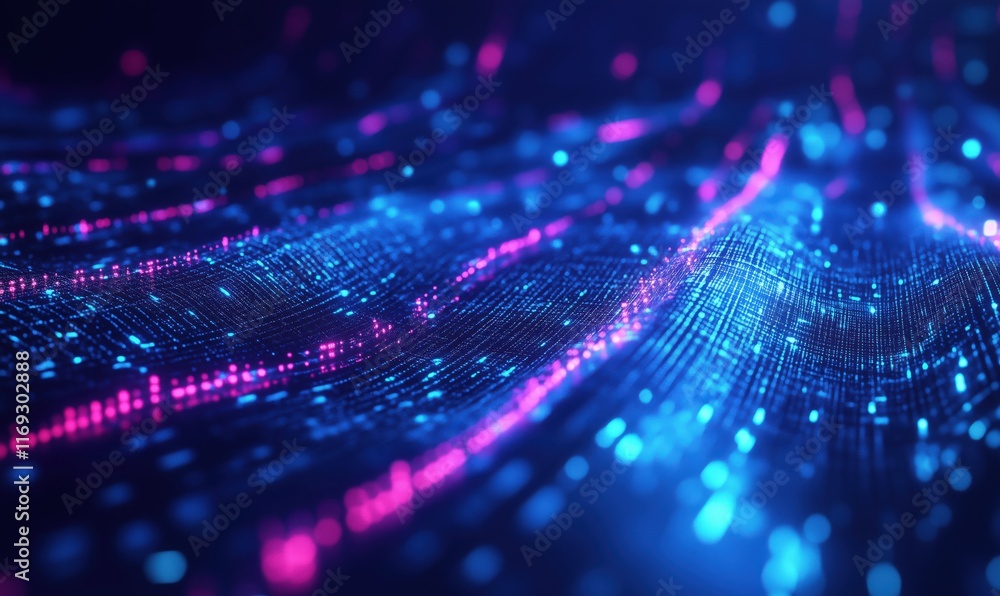 Poster abstract digital wave pattern with glowing particles in blue and pink hues, representing data flow a