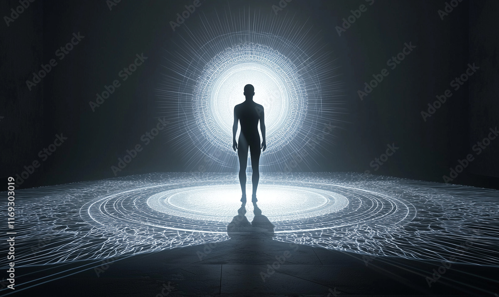 Poster a solitary figure stands in a dark space, illuminated by a bright circular light, creating an ethere