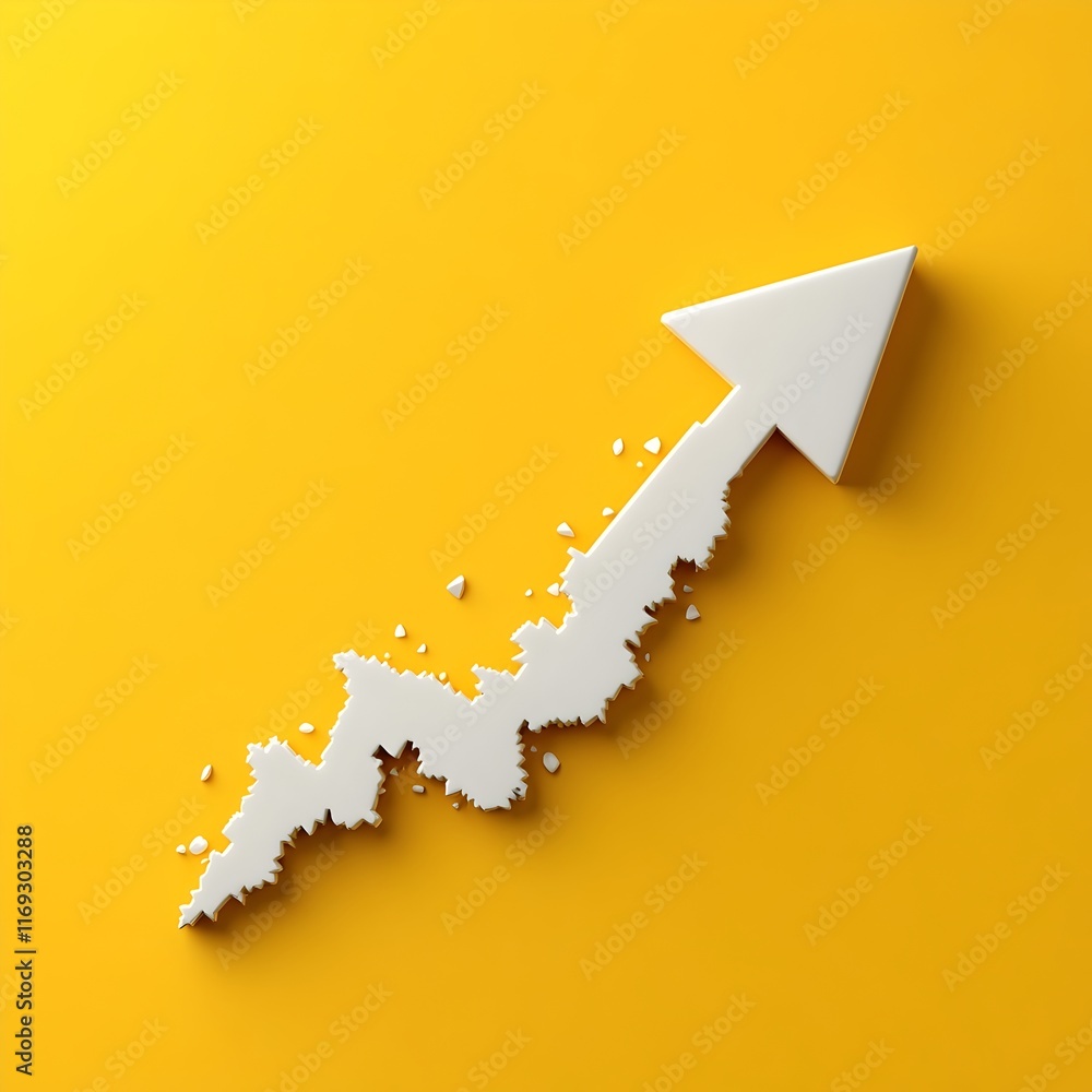 Poster conceptual 3d render of downward pointing white arrow graph infographic on bold yellow background sh