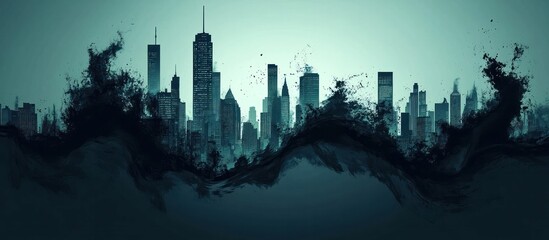Fototapeta premium Dramatic and ominous cityscape of a modern metropolis silhouetted against a moody atmospheric twilight sky The towering skyscrapers and buildings are shrouded in a haze of fog and mist