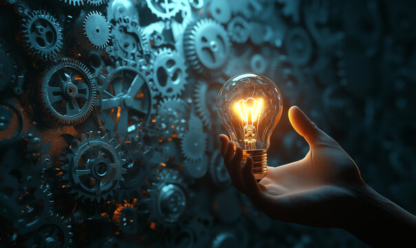 A hand holds a glowing light bulb against a backdrop of intricate gears, symbolizing innovation and creativity. Self-Improvement