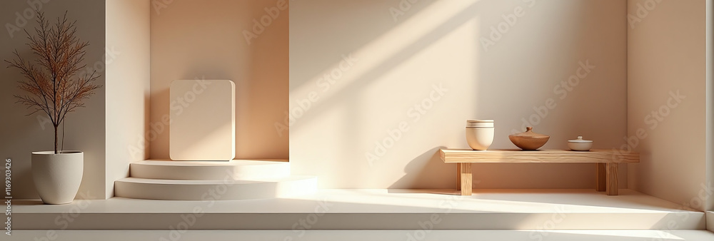 Poster elegant stage features soft light geometric shapes simple lines wooden shelf displaying modern produ