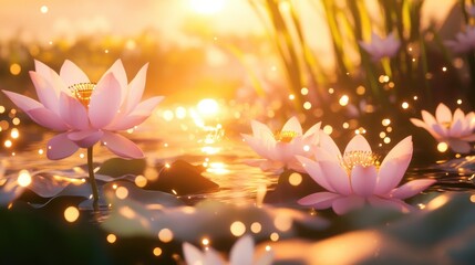 Serene Water Lilies Blooming at Sunrise with Sparkling Reflections