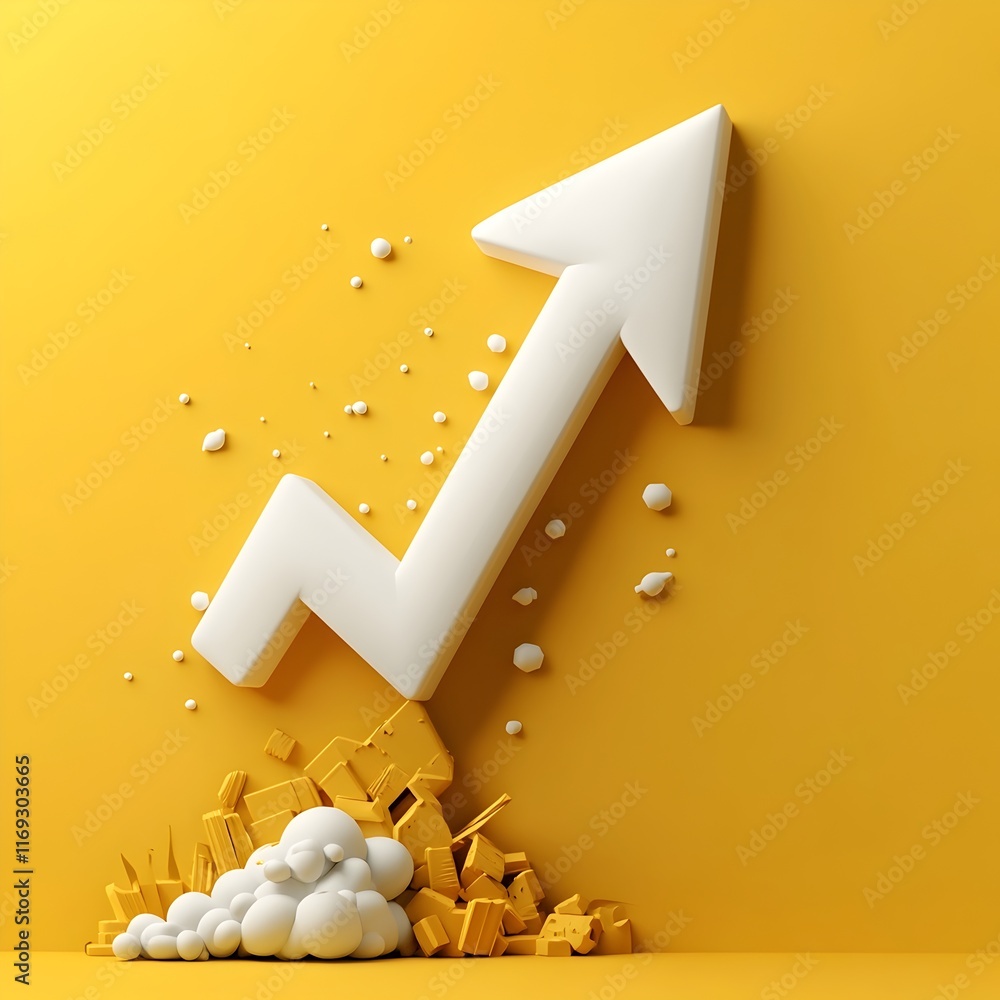 Poster minimalist 3d render of downward pointing white arrow graph infographic on bold yellow background wi