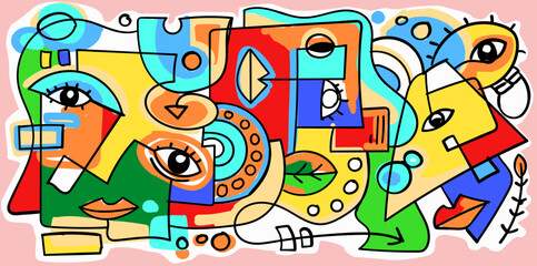 Group of colorful abstract face portrait cubism art style, decorative, line art hand drawn vector illustration.