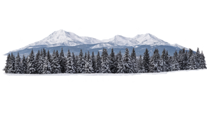 A winter scene with snow-covered trees, a distant mountain range, and a blanket of snow on the ground, all depicted with fine details, isolated on a transparent backg