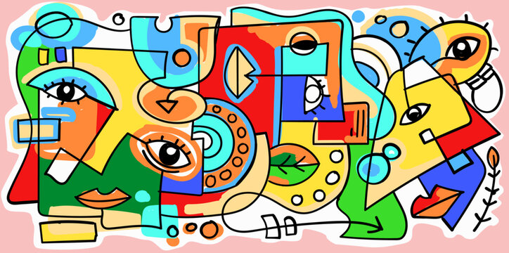 Group of colorful abstract face portrait cubism art style, decorative, line art hand drawn vector illustration.