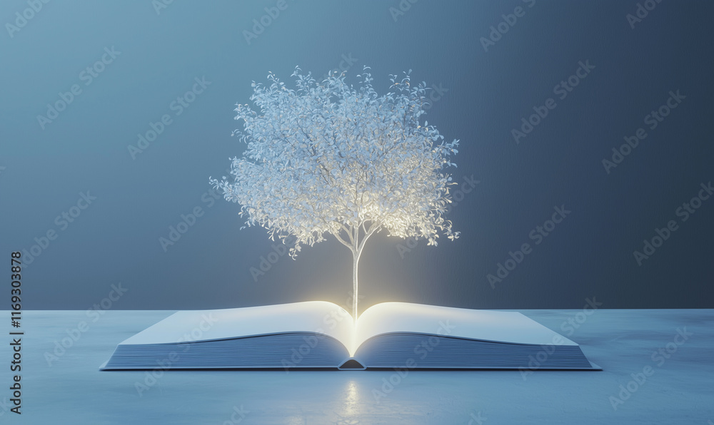 Poster a glowing tree emerges from an open book, symbolizing knowledge, growth, and the connection between 