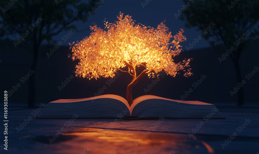 Poster a glowing tree emerges from an open book, symbolizing knowledge and imagination in a serene, dark se