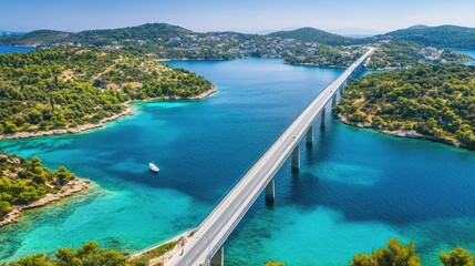 Aerial View of Scenic Bridge Over Turquoise Water in Croatia
