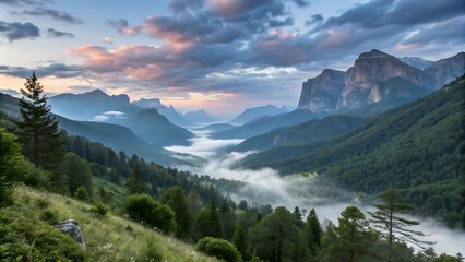 Panoramic view of Bavarian Alps from Wank mountain in Garmisch-Partenkirchen, Germany, The view from the height of the green mountain valley surrounded by high mountains. Snow-capped mountain peaks on