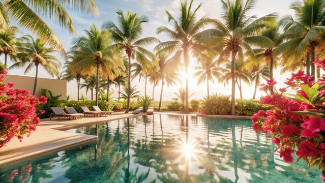 Wide-angle view of sun-kissed oasis, palm trees swaying, sparkling pool reflecting vibrant hues.