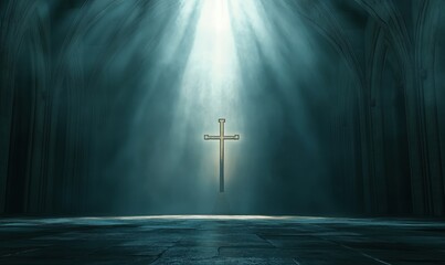 Naklejka premium Illuminated Cross in Gothic Cathedral with Ethereal Light and Misty Atmosphere