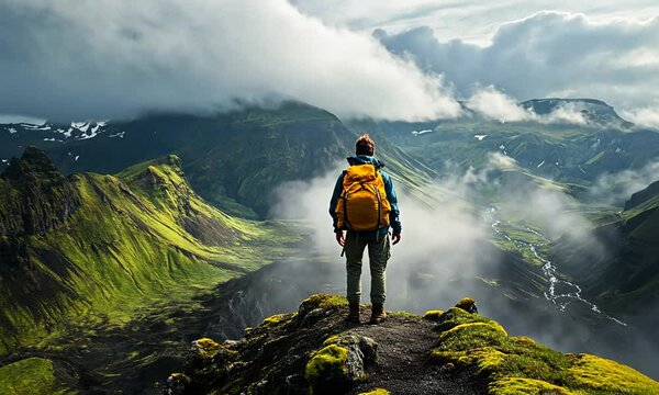 A lone hiker admires a breathtaking mountain vista, a scene of serene beauty and adventure amidst misty peaks and verdant valleys.