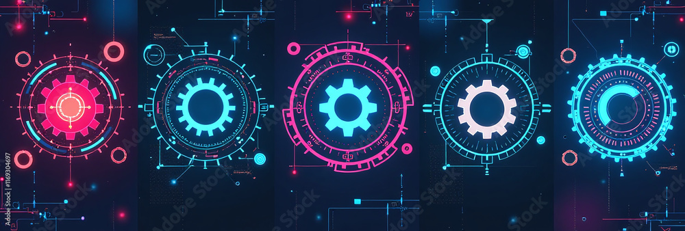 Poster futuristic backgrounds feature geometric tech designs gears various styles abstract