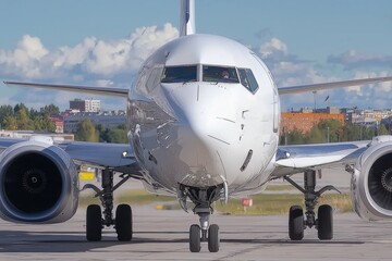 Close-up view of a jet engine from a commercial aircraft on a runway during daylight