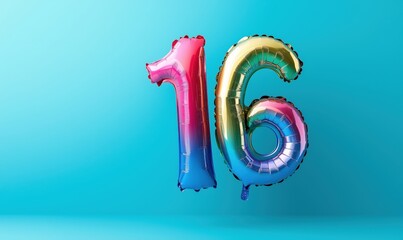 Fototapeta premium Colorful 16th Birthday Balloons in Vibrant Blue Background, Celebratory Decoration for Sweet Sixteen Party