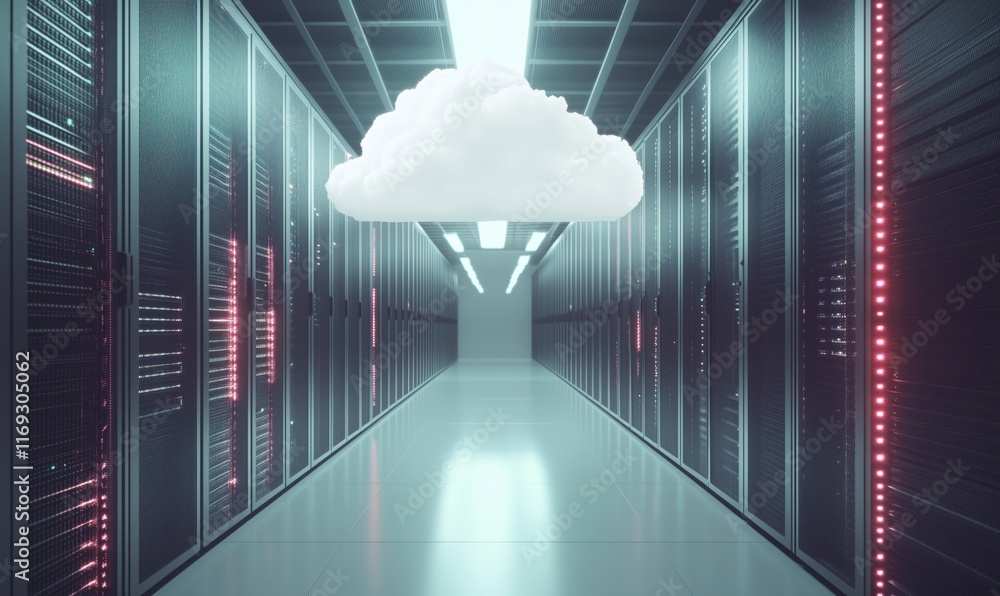 Poster cloud computing concept with data center servers and cloud symbol, showcasing modern technology infr