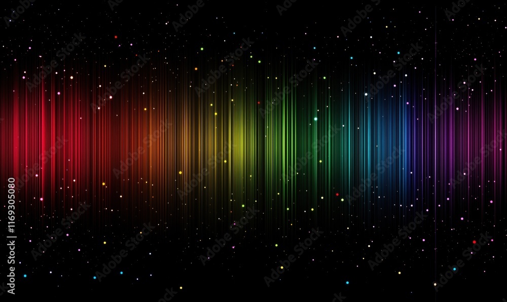 Poster colorful spectrum waveform with stars and gradient background, vibrant visual representation of soun