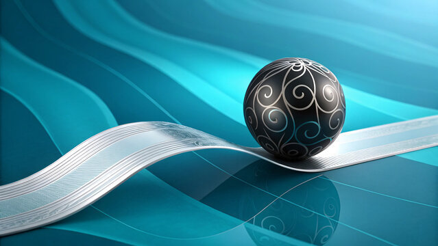 Abstract Black Orb on Silver Ribbon: An enigmatic black orb adorned with intricate swirls glides effortlessly along a silver ribbon, its path illuminated by a mesmerizing turquoise backdrop. - Powered by Adobe
