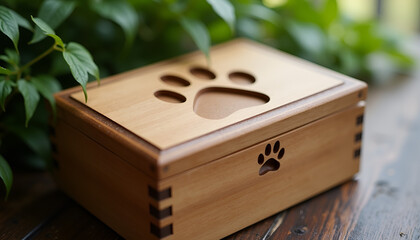 Stylish wooden pet memorial box with paw print on a wooden surface
