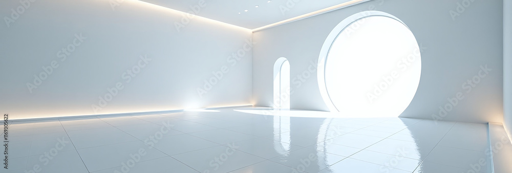 Poster futuristic room empty space hidden light modern design create sleek visual effect white floor high