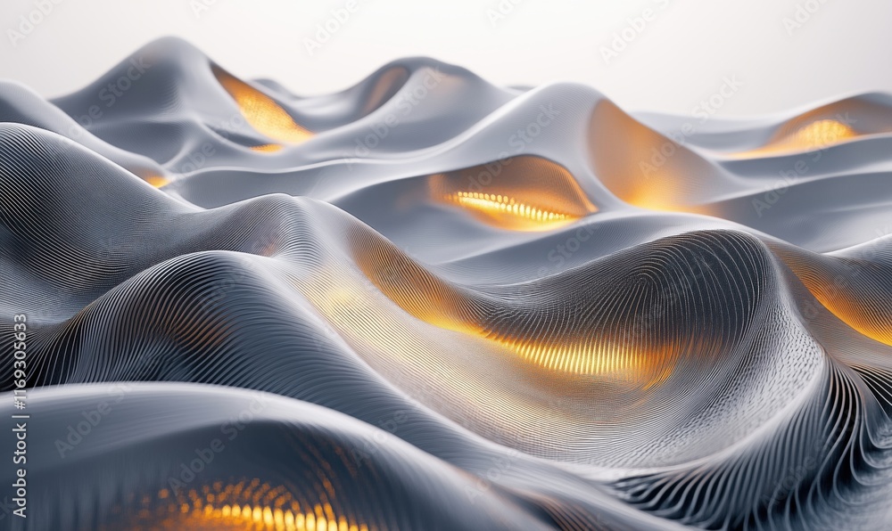 Poster abstract 3d waves with illuminated undercurrents, smooth curves, and textured surfaces, creating a d