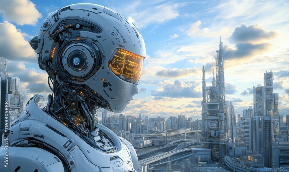 Poster futuristic humanoid robot overlooking advanced city skyline with skyscrapers and intricate architect