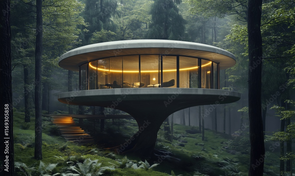Aufkleber futuristic treehouse design nestled in lush forest, featuring circular structure with large glass wi