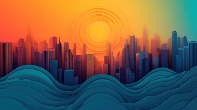 Dramatic and captivating cityscape silhouette with sleek skyscrapers and undulating waves of color in a vibrant gradient sunset sky exuding a sense of urban energy and metropolitan allure