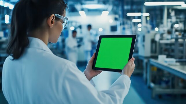 Woman in Laboratory Holding Tablet with Empty Green Screen, Focused on Production Line in Modern Manufacturing Facility, Engineers Working in Background - Powered by Adobe