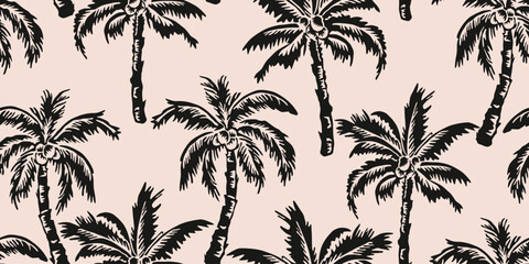 Tropical pattern with freehand drawn palm trees. Hawaii summer background organic shapes black and white for fabric, textiles, clothing, poster, cover, decor, banner, wallpaper. Vector illustration. © Udomdech