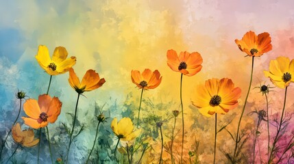 Fototapeta premium Vibrant orange and yellow cosmos flowers in a watercolor-style artistic rendering against a colorful background.
