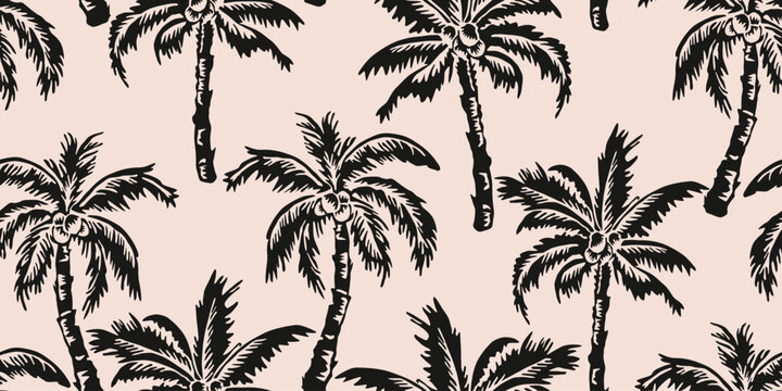 Tropical pattern with freehand drawn palm trees. Hawaii summer background organic shapes black and white for fabric, textiles, clothing, poster, cover, decor, banner, wallpaper. Vector illustration.