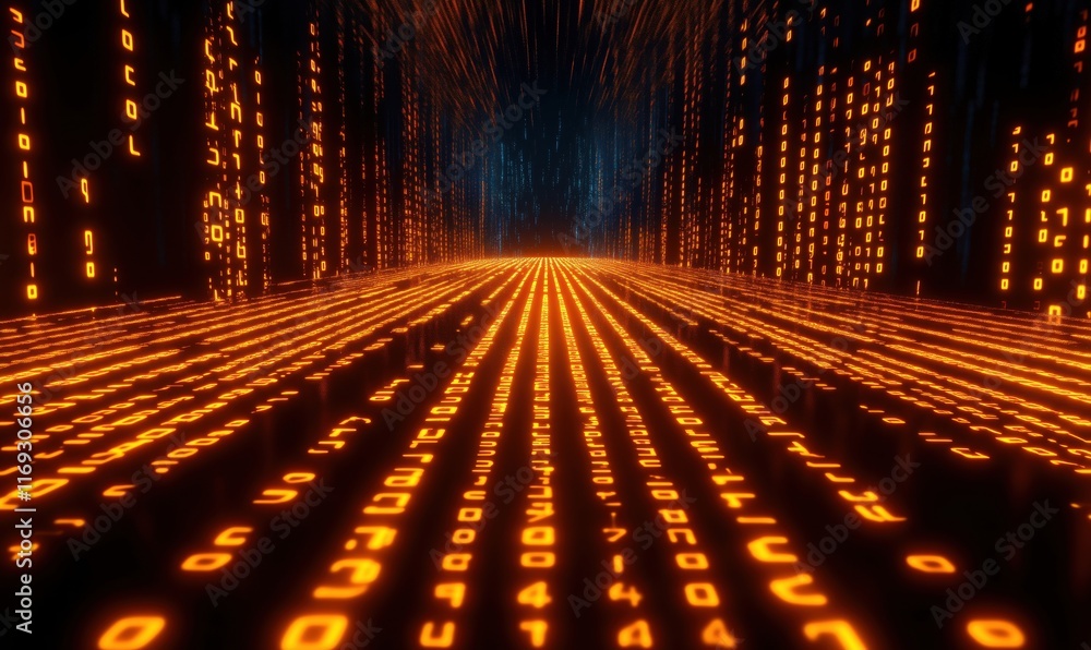 Poster Digital Matrix Environment with Flowing Binary Code and Glowing Orange Numbers