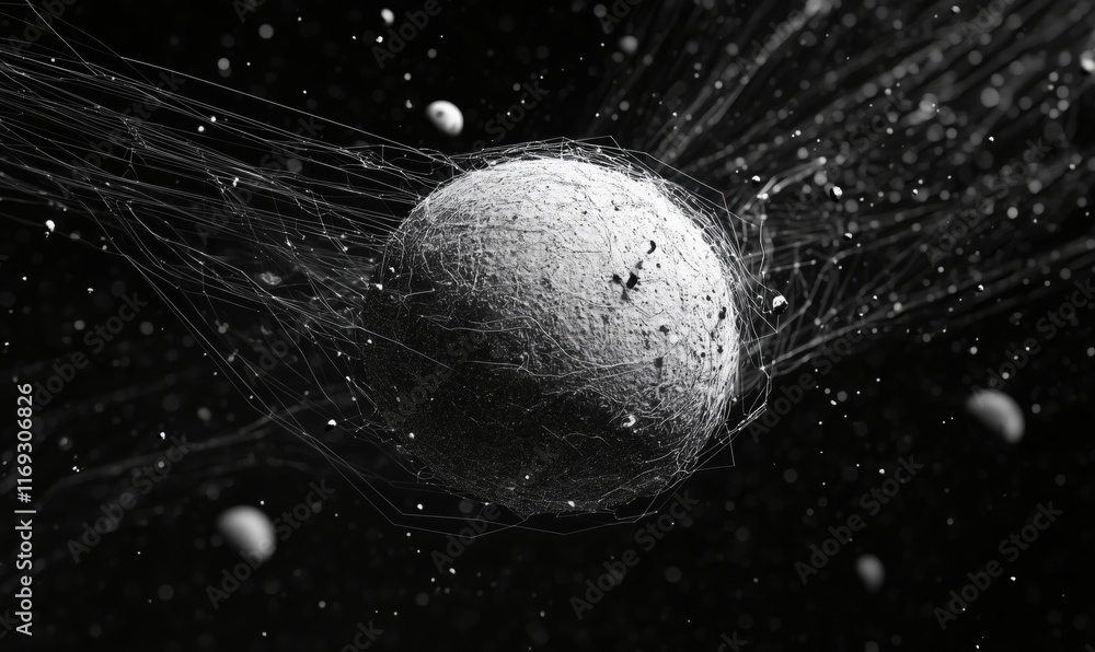 Poster abstract representation of a celestial body surrounded by cosmic debris and particles, showcasing in