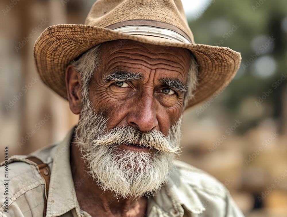 Poster the image features an elderly man with a full beard wearing a hat and a shirt, standing in front of 