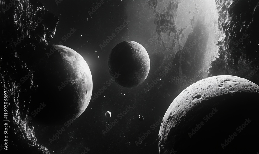 Poster cosmic scene with multiple planets in black and white, celestial bodies floating in space, asteroids