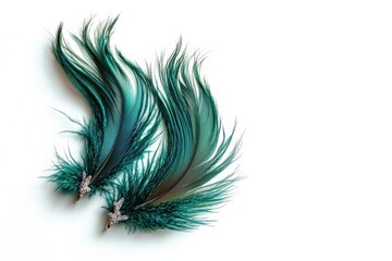 Obraz premium Elegant iridescent green feather earrings displayed against a plain white background