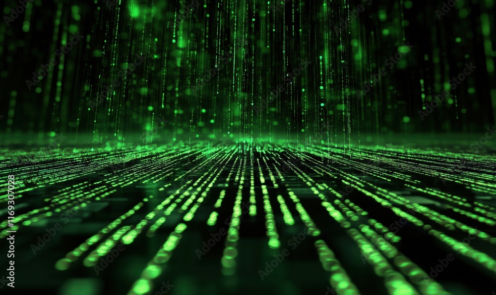 Poster digital rain effect with glowing green binary code cascading down, creating a futuristic and immersi