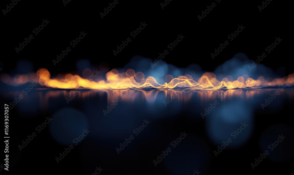 Poster abstract light waves with glowing orange and blue tones reflecting on dark surface, creating a mesme