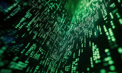 Naklejka premium Digital Matrix Code Visualization with Green Binary Data Flowing in 3D Space
