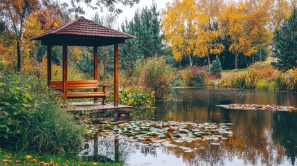 Naklejka premium Tranquil Garden Pavilion by a Serene Lake Surrounded by Autumn Foliage