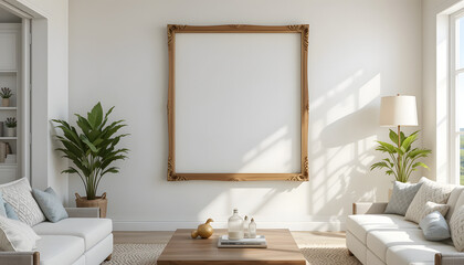 A 3D-rendered close-up mockup frame is featured in a coastal-style home interior setting in stock photo
