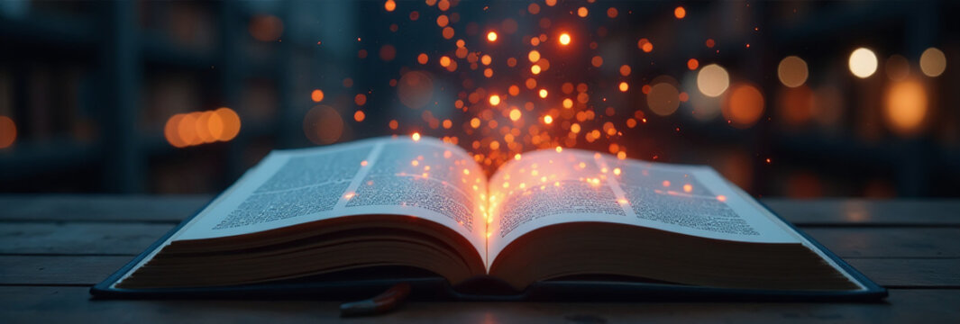 glowing binary code streams open books knowledge technology combined dark futuristic